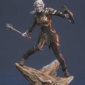 May include: A fantasy figurine of a pale-skinned elf warrior with blonde hair, wearing black and gold armor. The figure stands on a rocky base, holding a spiked mace in one hand and a round shield in the other, with a fierce facial expression.