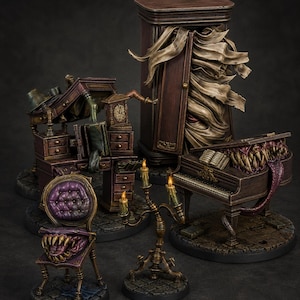 May include: A collection of miniature fantasy furniture figures including a wooden wardrobe with flowing fabric, a desk with a clock, a piano with sharp teeth, a purple tufted chair with teeth, and a gold candelabra with two lit candles.