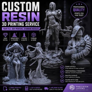May include: An advertisement for a custom resin 3D printing service. The image showcases several detailed miniature figures, statues, and busts. Text includes "Custom Resin 3D Printing Service" and "Professional Quality Prints You Can Trust."