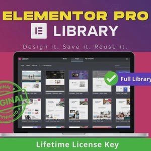 May include: A laptop displays the Elementor Pro Library interface, showcasing website templates. The screen is set against a gradient purple and pink background. Text includes "Elementor Pro Library", "Design it. Save it. Reuse it.", "Original", and "Full Library Access".