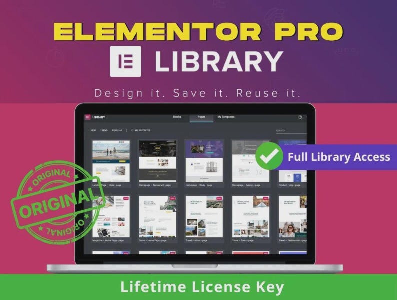 May include: A laptop displays the Elementor Pro Library interface, showcasing website templates. The screen is set against a gradient purple and pink background. Text includes "Elementor Pro Library", "Design it. Save it. Reuse it.", "Original", and "Full Library Access".