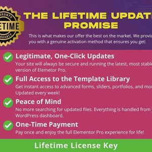 May include: A graphic with a gold and black "Lifetime Warranty" badge and text that reads "THE LIFETIME UPDATE PROMISE." The text highlights features like "Legitimate, One-Click Updates" and "One-Time Payment." The background transitions from purple to pink.
