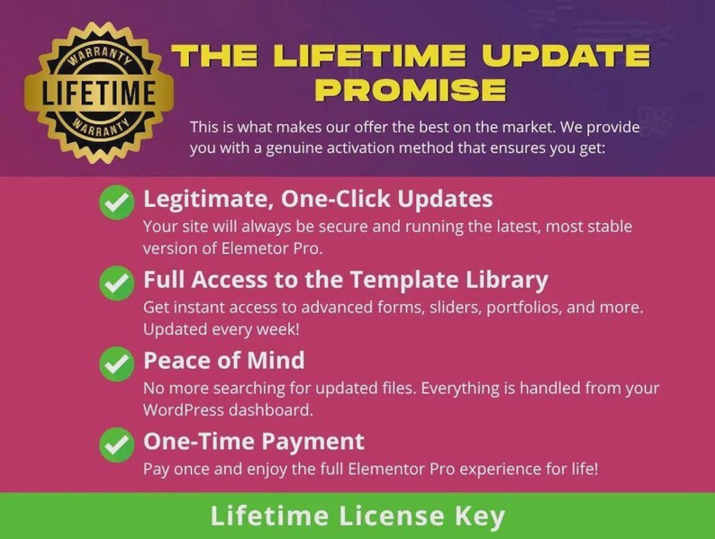 May include: A graphic with a gold and black "Lifetime Warranty" badge and text that reads "THE LIFETIME UPDATE PROMISE." The text highlights features like "Legitimate, One-Click Updates" and "One-Time Payment." The background transitions from purple to pink.