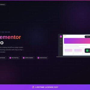 May include: A digital graphic promoting Elementor Pro, a WordPress page builder. The design features a laptop displaying a website interface with a purple and pink gradient. Text includes "Elementor Pro" and key features like "Latest Version" and "Lifetime Updates."