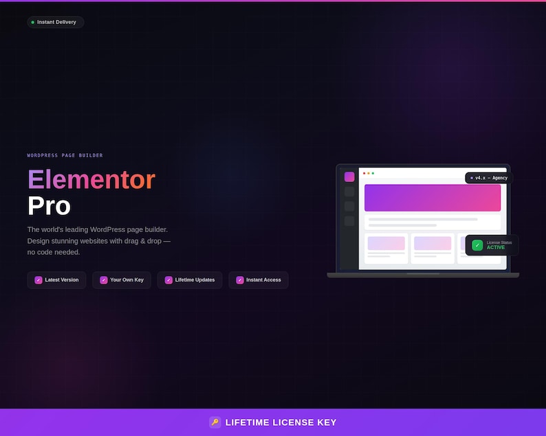 May include: A digital graphic promoting Elementor Pro, a WordPress page builder. The design features a laptop displaying a website interface with a purple and pink gradient. Text includes "Elementor Pro" and key features like "Latest Version" and "Lifetime Updates."