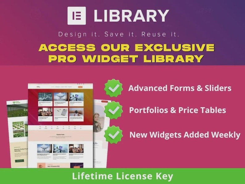 May include: A promotional graphic with a purple and pink gradient background. The image features the word "LIBRARY" in white, and the text "ACCESS OUR EXCLUSIVE PRO WIDGET LIBRARY" in yellow. It also highlights features like "Advanced Forms & Sliders" and "Portfolios & Price Tables."