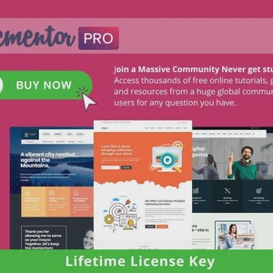 May include: A digital marketing advertisement with the text "elementor PRO" and a green "BUY NOW" button. The image showcases website designs and the text "Lifetime License Key". The ad promotes access to online tutorials and a community.