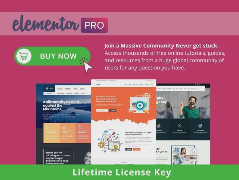 May include: A digital marketing advertisement with the text "elementor PRO" and a green "BUY NOW" button. The image showcases website designs and the text "Lifetime License Key". The ad promotes access to online tutorials and a community.