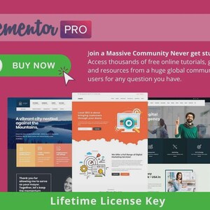 May include: A promotional image for Elementor Pro, featuring a green "Buy Now" button and website mockups. Text includes "Join a Massive Community" and "Lifetime License Key". The background is a gradient of pink and purple.