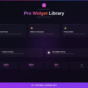 May include: A digital graphic with the text "Pro Widget Library" and several rectangular boxes with titles like "Advanced Forms" and "Sliders & Carousels." The graphic also includes numbers like "100+" and "300+". The background is a gradient of purple and black.
