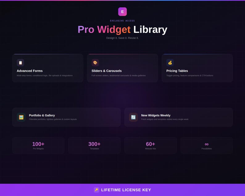 May include: A digital graphic with the text "Pro Widget Library" and several rectangular boxes with titles like "Advanced Forms" and "Sliders & Carousels." The graphic also includes numbers like "100+" and "300+". The background is a gradient of purple and black.