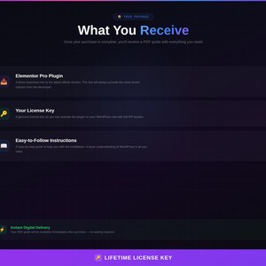 May include: A digital product information graphic with a dark background and purple and blue gradients. The text "What You Receive" is displayed prominently. The graphic lists the Elementor Pro Plugin, License Key, and Easy-to-Follow Instructions.
