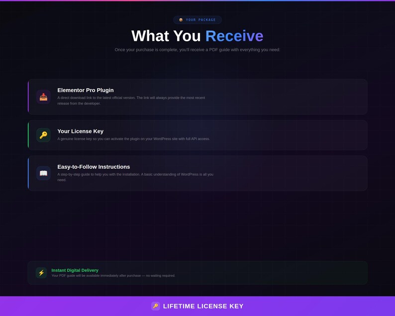 May include: A digital product information graphic with a dark background and purple and blue gradients. The text "What You Receive" is displayed prominently. The graphic lists the Elementor Pro Plugin, License Key, and Easy-to-Follow Instructions.