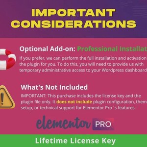 May include: A graphic with the text "IMPORTANT CONSIDERATIONS" in yellow. It includes a red and white life preserver icon, a yellow warning sign, and the Elementor Pro logo. The text describes optional add-ons and what's not included.