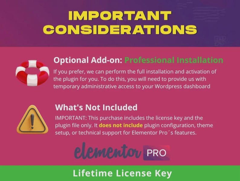 May include: A graphic with the text "IMPORTANT CONSIDERATIONS" in yellow. It includes a red and white life preserver icon, a yellow warning sign, and the Elementor Pro logo. The text describes optional add-ons and what's not included.