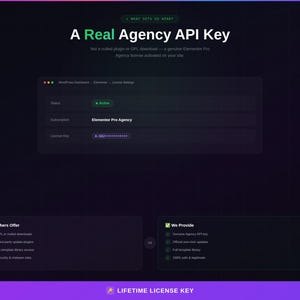May include: A digital graphic with the text "A Real Agency API Key". The image shows a WordPress dashboard with an active Elementor Pro Agency license. The graphic compares features of the product with those of competitors.