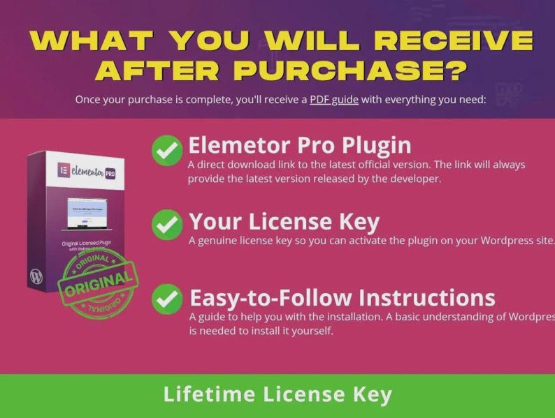 May include: A graphic with the text "WHAT YOU WILL RECEIVE AFTER PURCHASE?" and details about the Elementor Pro Plugin, License Key, and Easy-to-Follow Instructions. The image includes a box labeled "Elementor Pro" and a green "ORIGINAL" seal.
