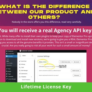 May include: A graphic with text that reads "WHAT IS THE DIFFERENCE BETWEEN OUR PRODUCT AND OTHERS?" and "You will receive a real Agency API key." The image also shows a website builder interface with license settings.