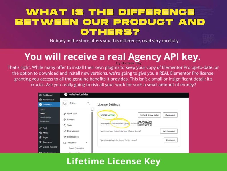 May include: A graphic with text that reads "WHAT IS THE DIFFERENCE BETWEEN OUR PRODUCT AND OTHERS?" and "You will receive a real Agency API key." The image also shows a website builder interface with license settings.
