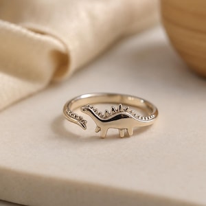 Puede incluir: Un anillo de metal en tono dorado con un diseño de dinosaurio estilizado que se envuelve alrededor del dedo. El dinosaurio tiene un cuello largo, una cola y pequeñas púas en la espalda. El anillo tiene una banda abierta ajustable.