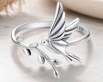 Bird Olive Branch Adjustable Ring, Dove Leaf Sterling Silver Band, Minimalist Nature Jewelry, Women Birthday Accessory, 925 Sterling Silver