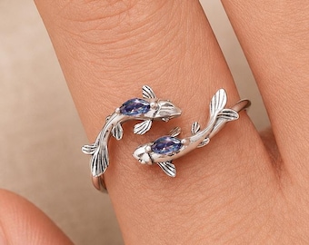 Koi Fish Ring Sterling Silver 925 Adjustable Open Ring, Minimalist Japanese Jewelry, Zodiac Open Ring For Women Zircon Crystal, gift for her
