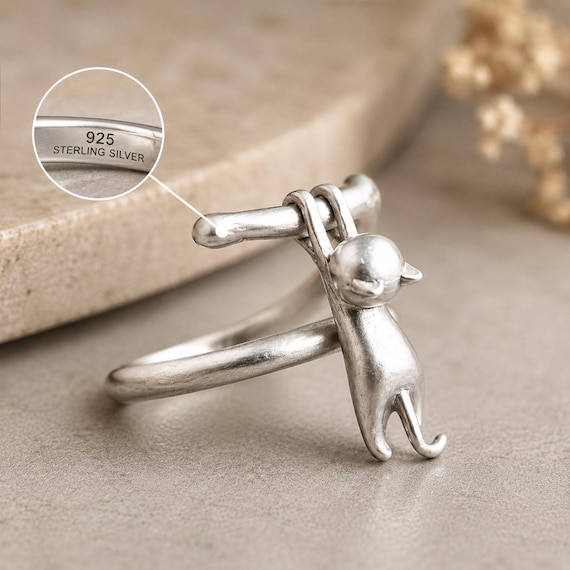 Sterling Silver Cat Ring, Adjustable 925 Silver Ring, Cute Cat Lover Gift, Minimalist Animal Jewelry for Women, adjustable ring, cute animal