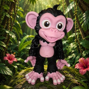 May include: A stylized monkey figurine featuring a pink face, ears, chest, hands, and feet, contrasted with black textured fur on its head, arms, and legs. The figure has large, dark, glossy eyes and a wide, smiling mouth, standing in a jungle setting.