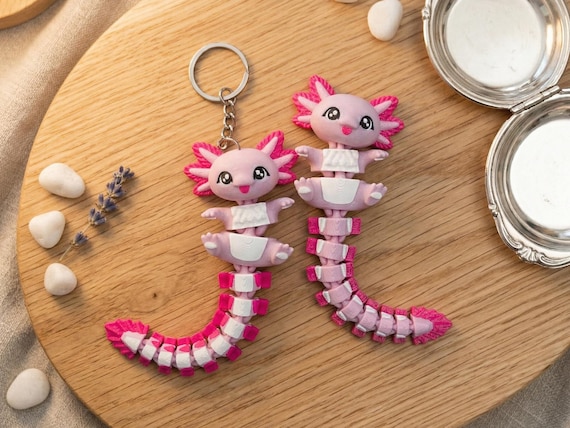 Articulated Axolotl Keychain: 3D Printed Fidget Toy, Fluffy Tail Bag Charm