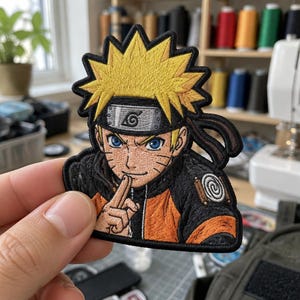 May include: An embroidered patch featuring the anime character Naruto Uzumaki with spiky yellow hair, blue eyes, and a black headband with a metal plate displaying a spiral symbol. The character wears a black and orange jacket with a spiral emblem.