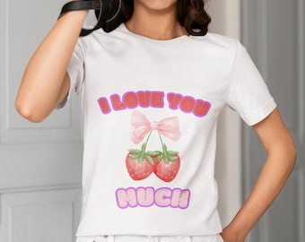 Ich liebe dich viel Erdbeer-Grafik-T-Shirt | Vintage süsses Baumwoll Hemd