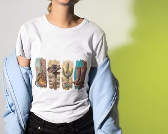 Western-Ikonen-T-Shirt | Cowboy Hut, Gitarre, Kaktus, Stiefel Grafik