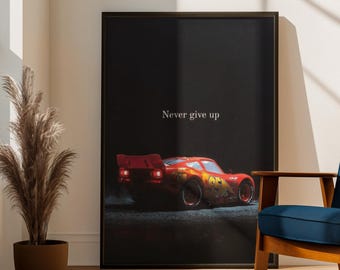 Plakat „Zygzak McQueen nigdy się nie poddawaj” | Motywacyjna grafika ścienna „Auta” | Wydruk z filmu wyścigowego | Dekoracja pokoju dziecięcego | Prezent inspirowany Disneyem
