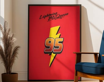 Plakat z filmu "Zygzak McQueen 95" | Minimalistyczna grafika ścienna z filmu "Auta" | Czerwony wydruk wyścigowy | Dekoracja pokoju dziecięcego Pixara | Prezent dla fana "Zygzaka McQueena"