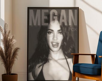 Plakat z Megan Fox | Czarno-biała grafika ścienna z gwiazdami | Wydruk z fotografią glamour | Monochromatyczna dekoracja sypialni | Prezent z ikoną Hollywood