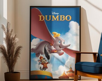 Dumbo Disney Poster Wall Art Print | Flying Elephant Kids Room Decor | Classic Disney Movie Poster | Nursery Wall Art Gift