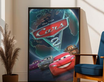 Plakat Disney Cars 2 | Grafika ścienna Złomek Zygzak McQueen z filmu Pixar | Dekoracja pokoju dziecięcego | Prezent dla fana animowanych wyścigów | Plakat Auta