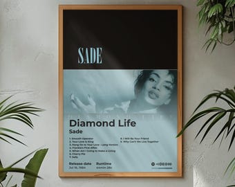 Plakat z albumu Sade Diamond Life | Wydruk z listą utworów | Grafika ścienna Teal Blue Soul | Dekoracje muzyczne | Prezent dla fana Sade | Smooth Operator Your Love Is King