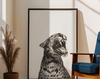 Plakat z lampartem | Czarno-biała grafika ścienna ze zwierzętami | Minimalistyczny nadruk z motywem dzikiej przyrody | Dekoracja sypialni safari | Nowoczesny prezent w stylu dżungli