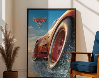 Plakat Disney Cars 3 Zygzak McQueen | Grafika ścienna z filmu wyścigowego Pixar | Dekoracja pokoju dziecięcego | Prezent dla fana animowanych samochodów | Speed Art