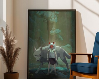 Princess Mononoke Poster Studio Ghibli Wall Art Print | San & Wolf Forest Spirit Decor | Anime Movie Poster | Japanese Art Gift