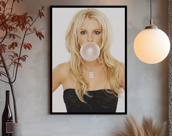 Plakat Britney Spears, Sztuka ścienna z motywem gumy balonowej gwiazdy popu, Dekoracja pokoju kultowej piosenkarki, Grafika z gwiazdą Y2K, Prezent dla fanki muzyki, Sztuka retro do pokoju dziewczynki