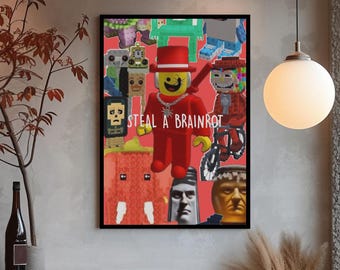 Plakat „Steal A Brainrot”, grafika ścienna z gry Roblox, dekoracja pokoju gier dla dzieci, nadruk z postaciami Brainrot, zabawny prezent dla fanów Roblox, sypialnia dla chłopców i dziewcząt