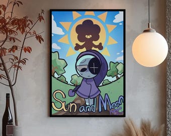 Plakat „Sun and Moon Dandy's World”, grafika ścienna Roblox, dekoracja pokoju gier dla dzieci, nadruk Astro Moon, uroczy prezent dla fana gier, sztuka do pokoju dla chłopców i dziewcząt
