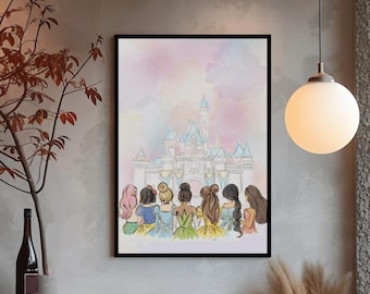 Pôster das Princesas da Disney, Arte de Parede com o Castelo de Todas as Princesas, Decoração para Quarto de Menina, Impressão em Aquarela das Princesas, Decoração para Quarto de Bebê, Presente Ideal para Fãs da Disney