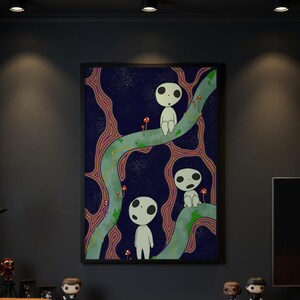 May include: A rectangular wall art print featuring three white, round-headed figures with large black eyes sitting on and standing near light green, winding tree branches against a dark blue, starry night sky with small red mushrooms.