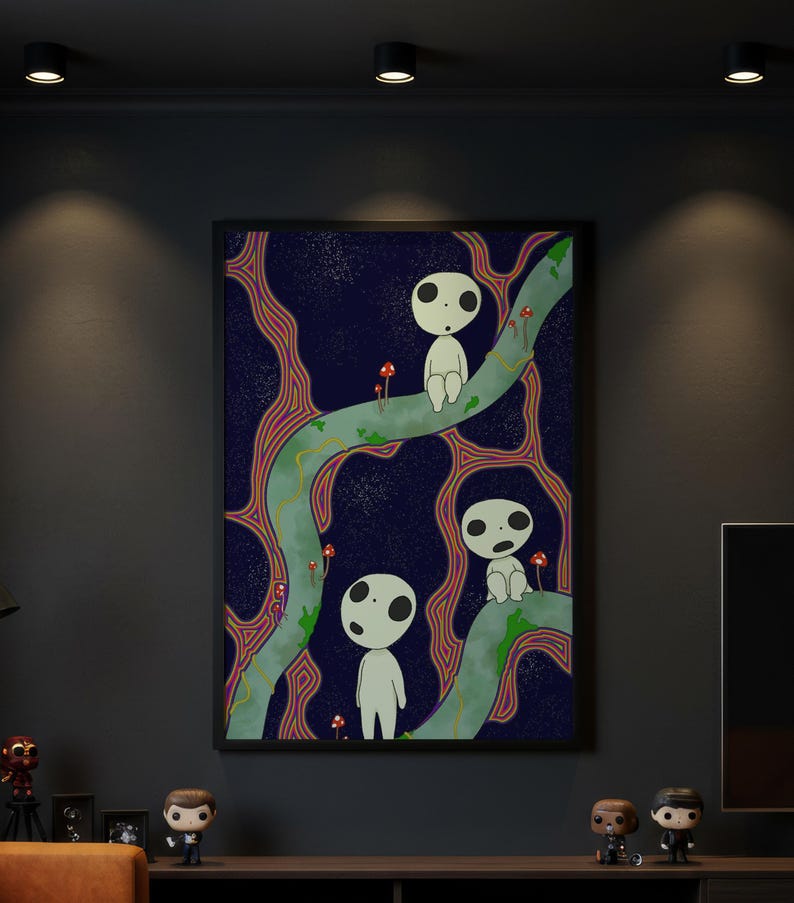 May include: A rectangular wall art print featuring three white, round-headed figures with large black eyes sitting on and standing near light green, winding tree branches against a dark blue, starry night sky with small red mushrooms.