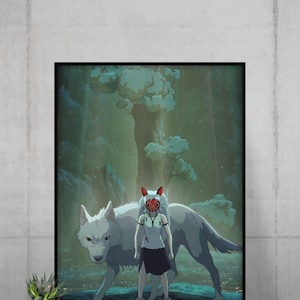 May include: Framed art print featuring a girl in a mask and a large wolf in a forest setting. The artwork has a muted color palette with shades of blue, green, and white. The girl wears a white top, dark skirt, and red-eared mask.