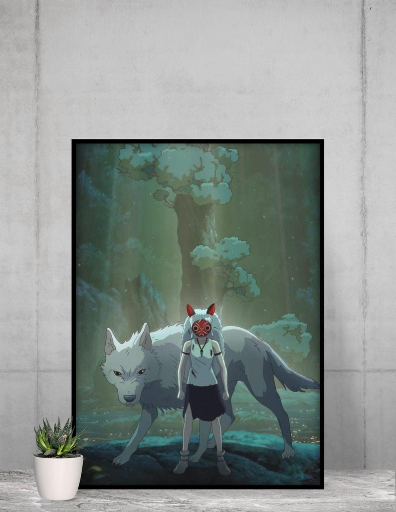 May include: Framed art print featuring a girl in a mask and a large wolf in a forest setting. The artwork has a muted color palette with shades of blue, green, and white. The girl wears a white top, dark skirt, and red-eared mask.