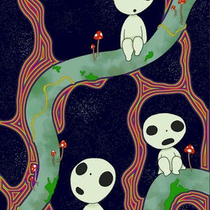 May include: A digital illustration featuring three white, round-headed figures with large black eyes sitting and standing on thick, light green branches outlined in vibrant rainbow-colored lines against a dark blue, starry night sky background.
